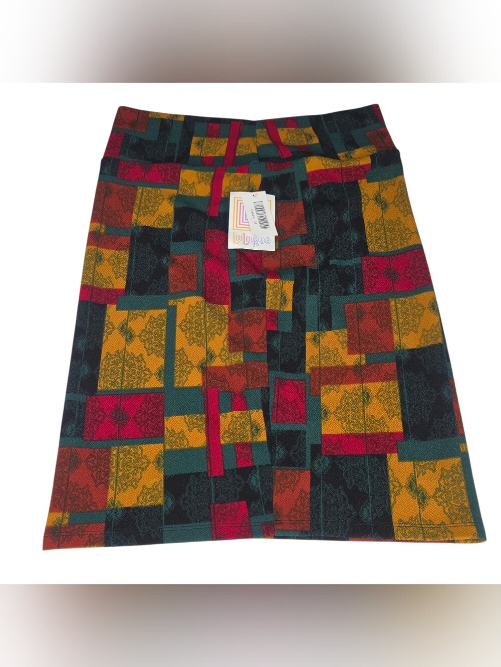 LuLaRoe Patchwork Block Pencil Skirt - Mustard, Teal, Brick Red, Black. Size M